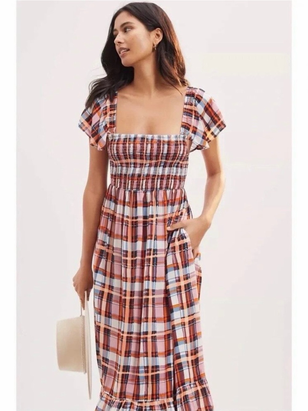Anthropologie Plaid Ruffle Sleeve Maxi Dress 2X